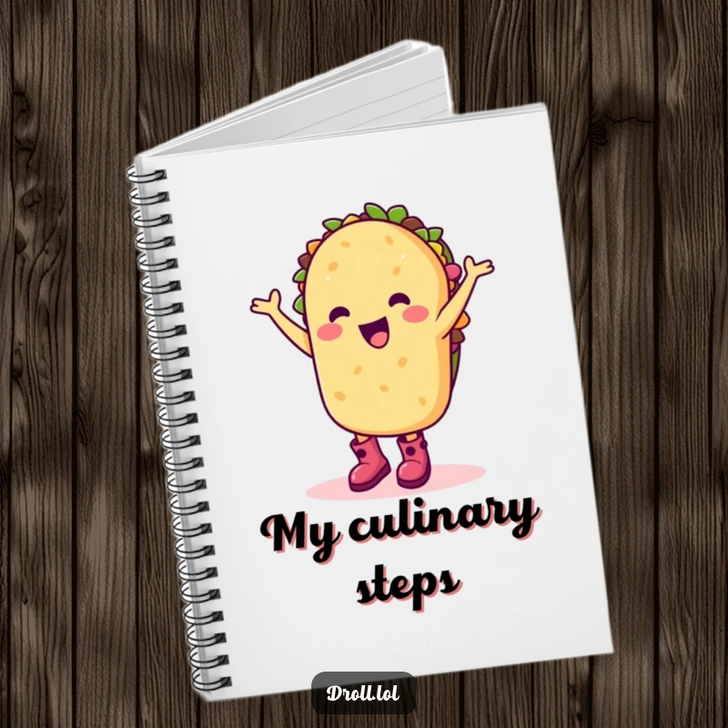 Funny notebook with a happy taco character in boots dancing silly, perfect for journaling and party planning.
