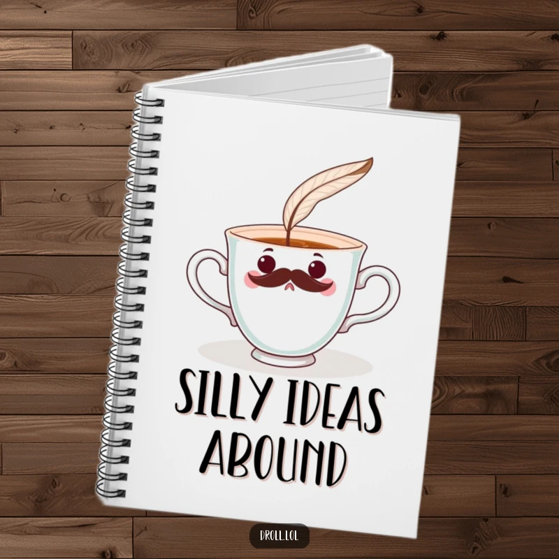 Funny surprised teacup with a mustache being tickled by a feather on a notebook. Whimsical and inspiring journal.