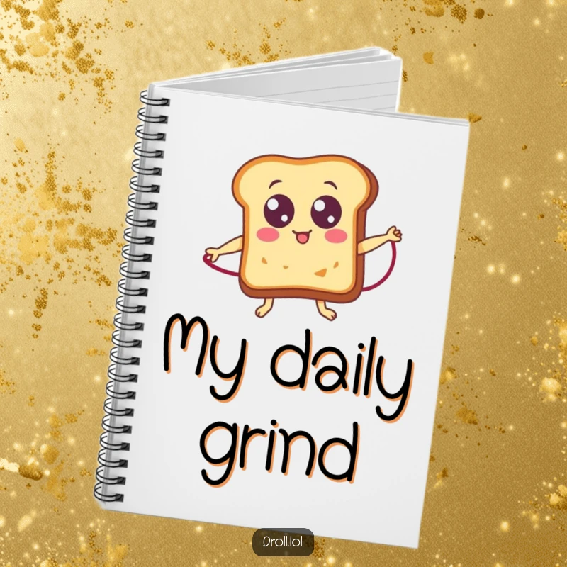 Funny toast with googly eyes jumping rope, a humorous notebook cover for writing and planning.
