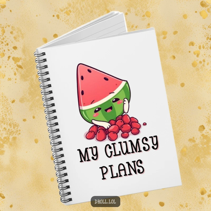 Funny watermelon slice character slipping on seeds, featured on a notebook cover for humorous note-taking and planning.