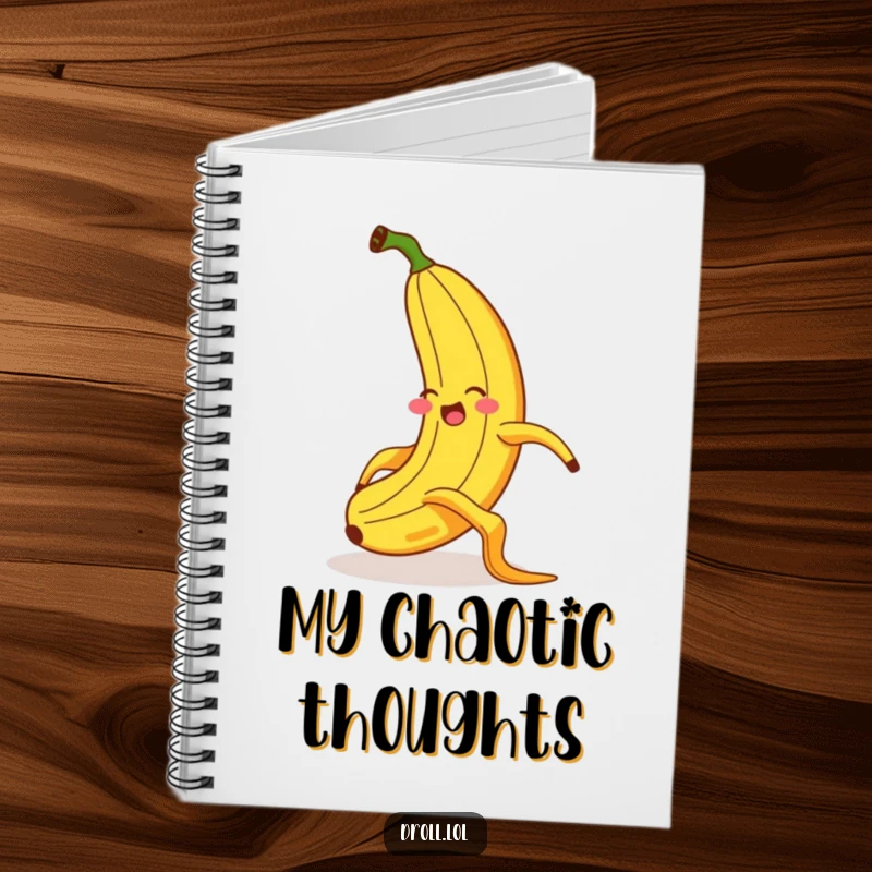 Funny notebook cover featuring a giggling banana in a hilarious, exaggerated slip on a banana peel, perfect for capturing funny thoughts.