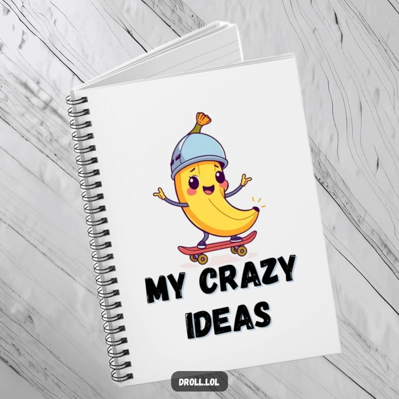 Funny Notebook: A happy banana peel wearing a helmet rides a skateboard. Ideal for jotting down adventure ideas.