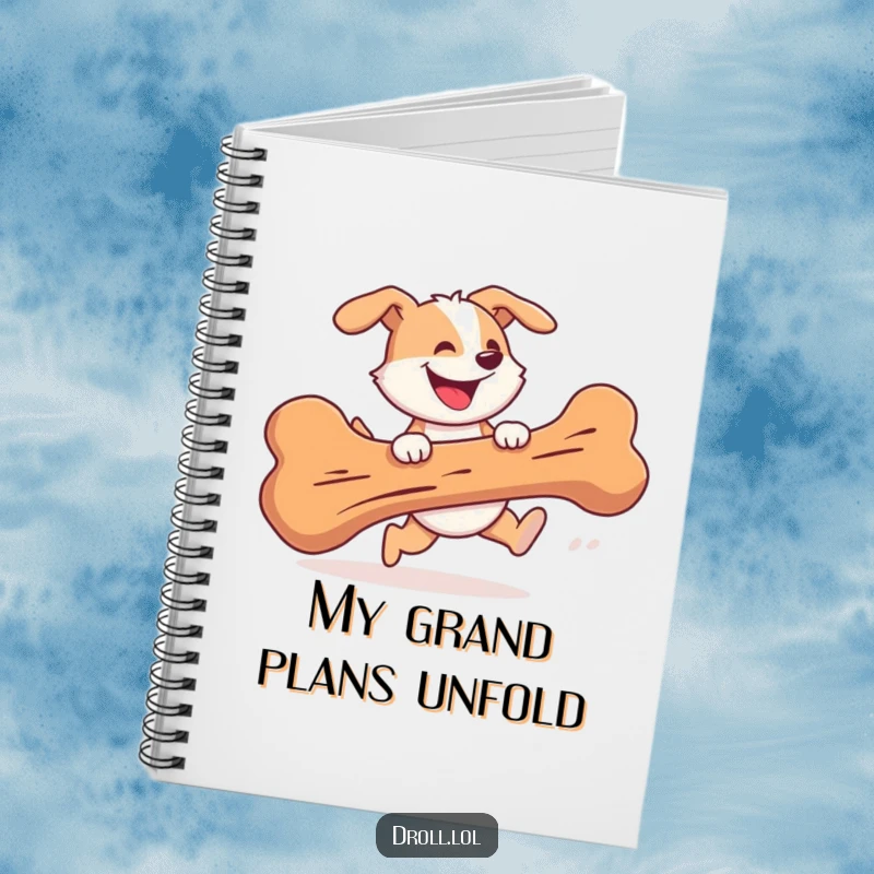 Funny Notebook featuring a cheerful dog gleefully chasing a giant bone with a silly grin, perfect for note-taking.