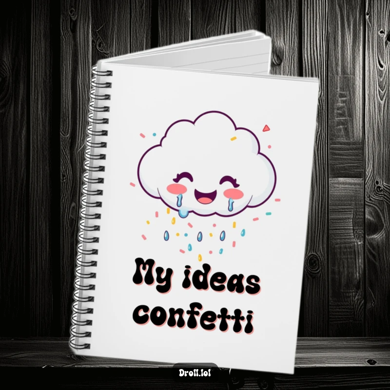 Funny notebook cover with a smiling cloud joyfully crying confetti, ideal for jotting notes.