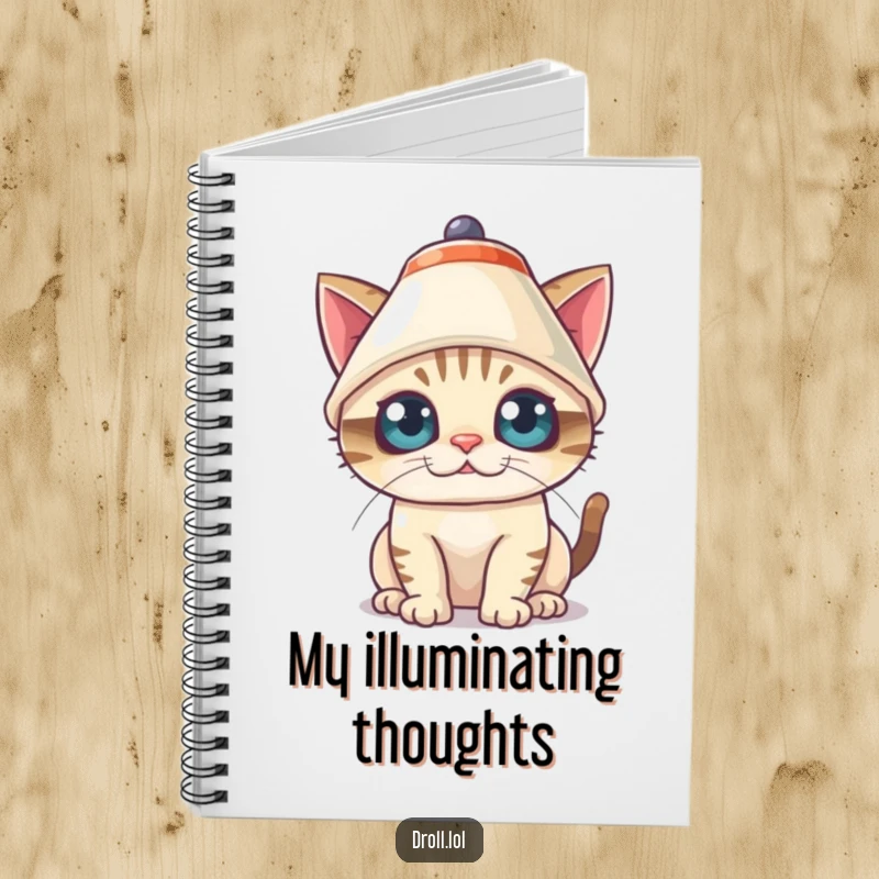 Funny Notebook featuring a mischievous cat comically wearing a lampshade hat with wide eyes, perfect for note-taking.