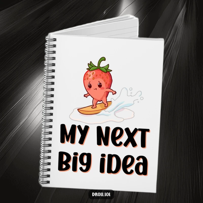 Funny strawberry notebook featuring a determined strawberry surfing a milk wave, inspiring creative thoughts and adventurous note-taking.