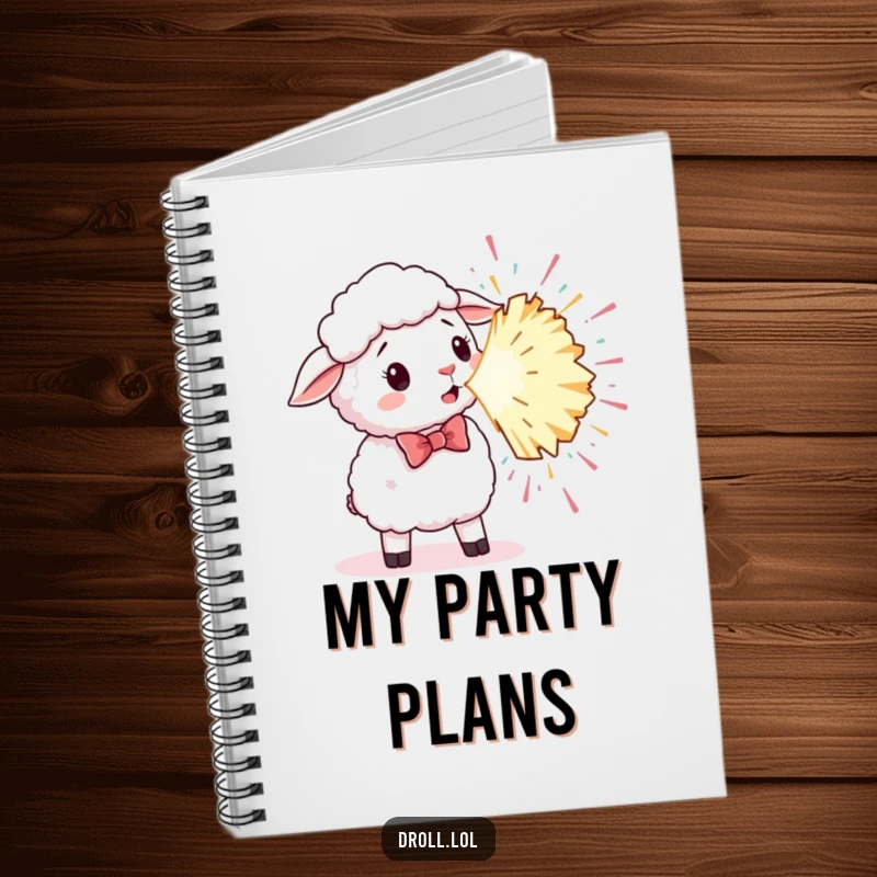 Funny notebook cover showing a sheep wearing a bowtie surprised by a large, bursting party popper.