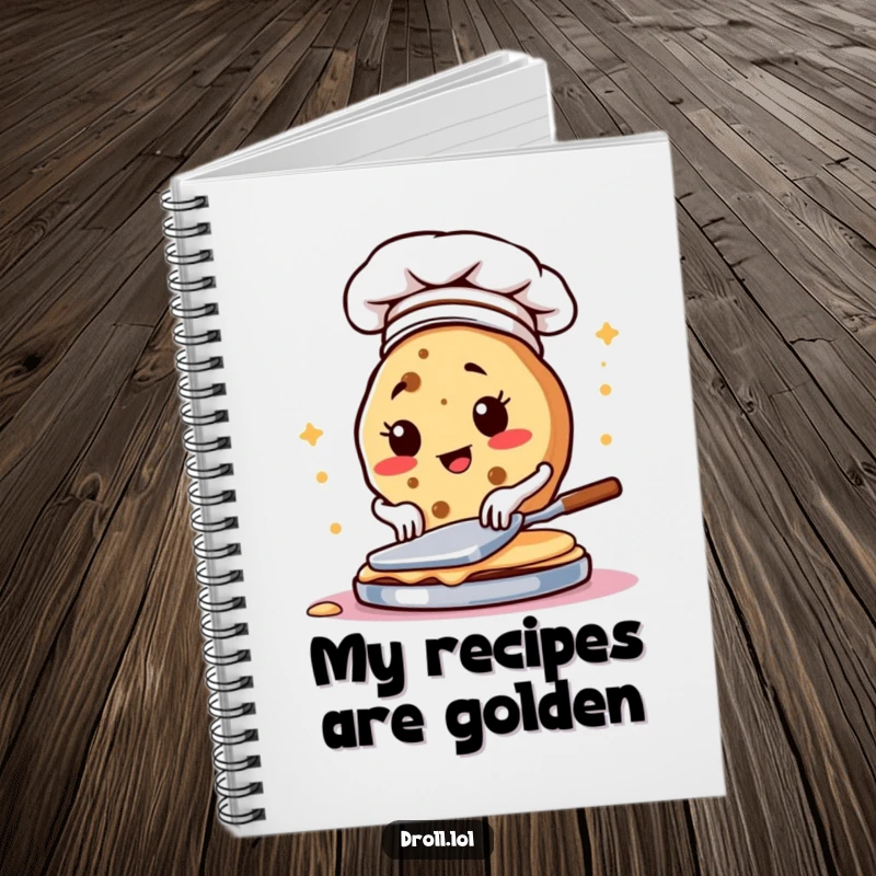 Funny notebook cover with a determined cookie chef flipping pancakes, perfect for recipe notes.