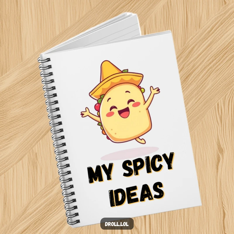 Funny happy taco in a tiny mariachi hat, dancing enthusiastically, adorning a notebook for party plans.