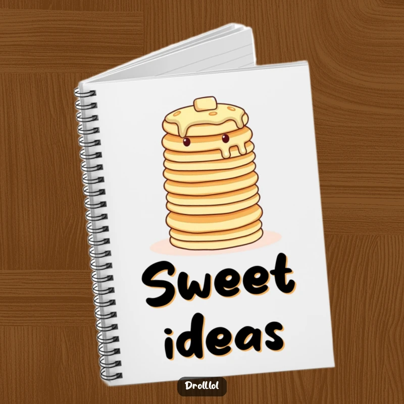 Funny wobbly pancake notebook, ideal for writing, depicting a tower of pancakes in a balancing act.