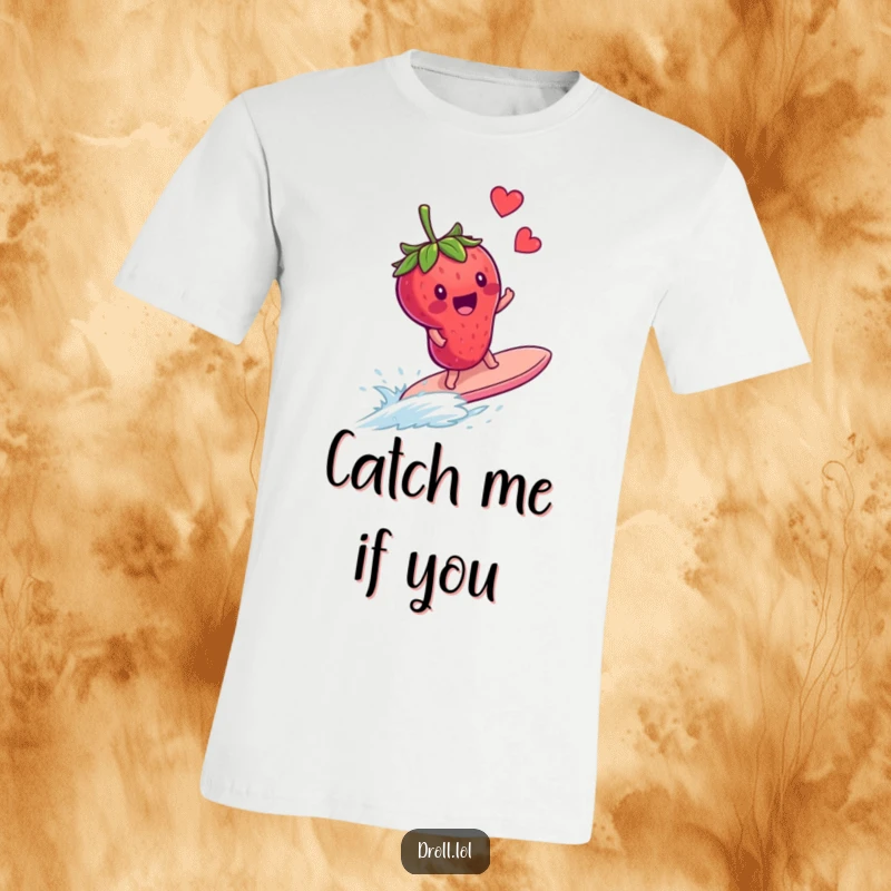 Funny t-shirt graphic of a happy strawberry attempting to surf on a very surprised, runaway blueberry, illustrating a hilarious chase.