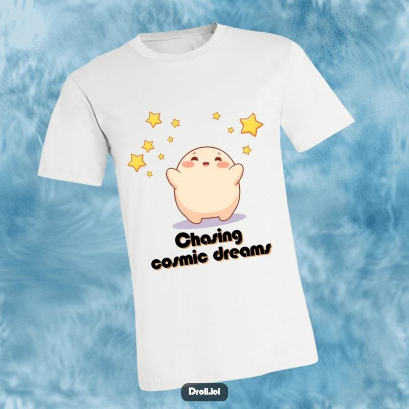 Funny T-shirt with a happy blob character attempting to catch glowing falling stars, symbolizing aspiration and fun.
