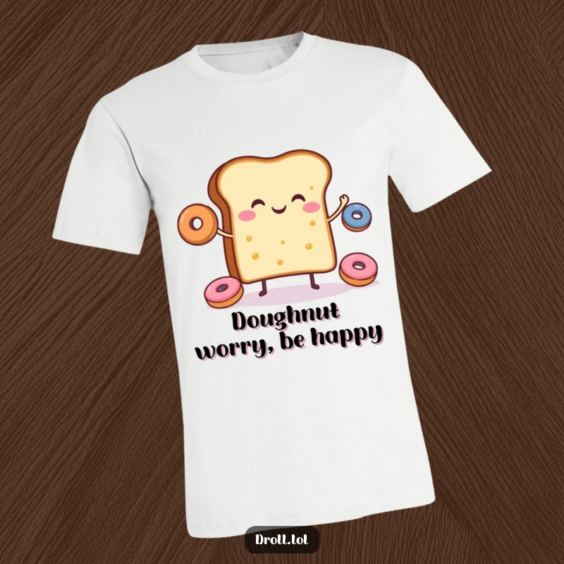 Funny t-shirt with a happy slice of toast juggling tiny donuts, embodying cheerful breakfast vibes.