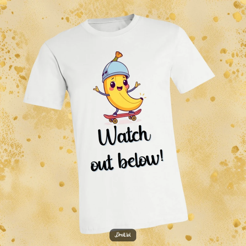 Funny T-Shirt: A happy banana peel with a tiny helmet rides a skateboard with a smile. Humorous skater apparel.