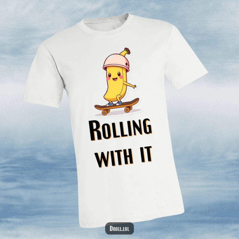 Funny Banana Skater T-Shirt: A cheerful banana peel sports a tiny helmet while skateboarding, exuding fun and rebellion.