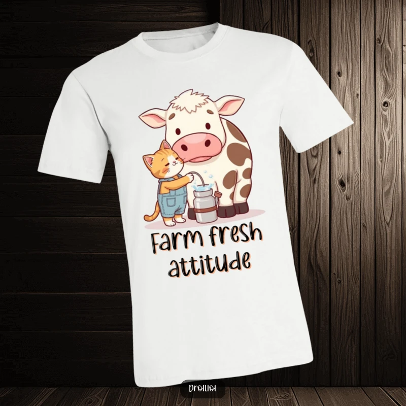 Funny t-shirt depicting a determined cat in tiny overalls attempting to milk a comically large, confused cow, sharing farm silliness.