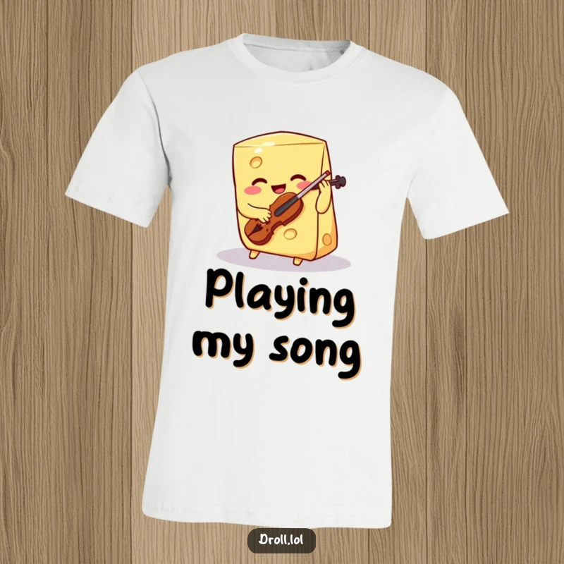 Funny smiling cheese wedge playing a tiny violin with one hole on a t-shirt, depicting a humorous and artistic food character.