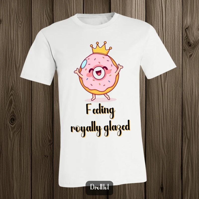 Funny cheerful donut with a tiny crown, doing a silly dance on a t-shirt. Sweet and fun design.