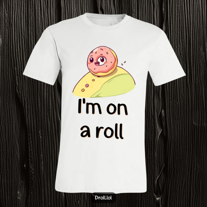 Funny t-shirt depicting a joyful jelly donut tumbling down a hill, leaving a trail of sugar, a comical sweet scene.