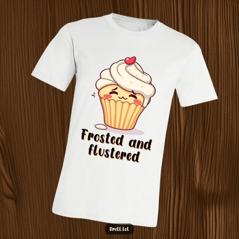 Funny embarrassed cupcake character blushing with dripping frosting on a cute, humorous t-shirt.