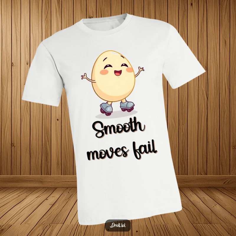 Funny t-shirt graphic of a happy, giggling egg with roller skates on, comically falling over, embodying delightful mishap.