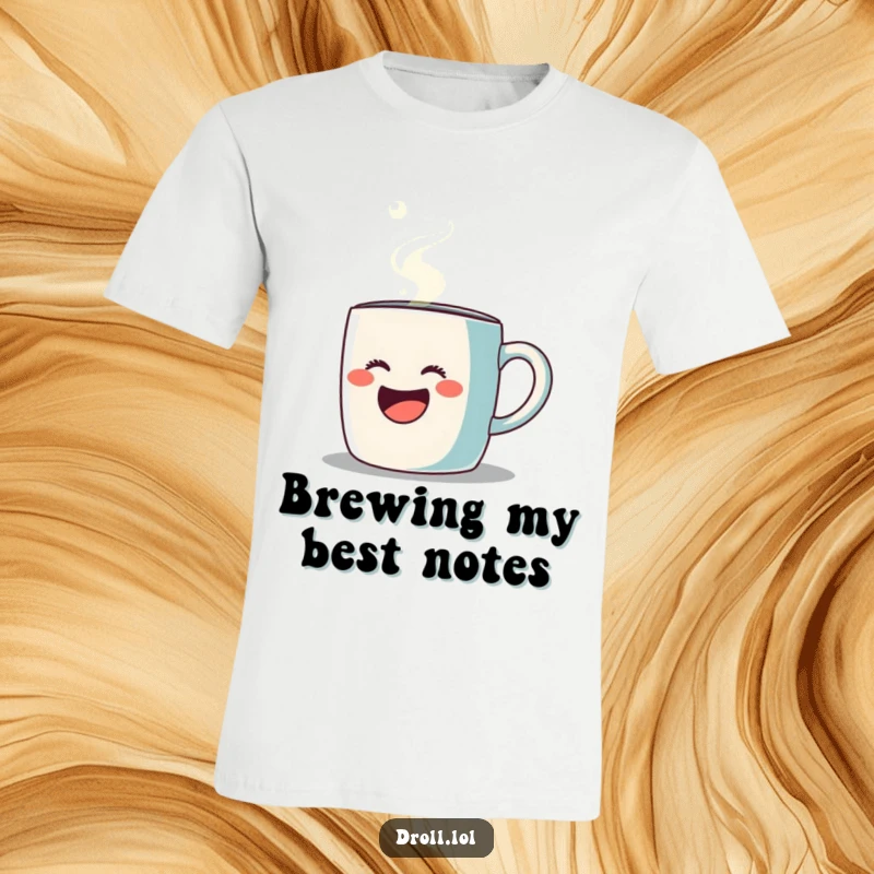 Funny t-shirt graphic of a coffee mug singing opera with a steam stream, vibrant and humorous design.