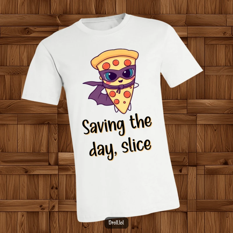 Funny pizza slice in a superhero cape and mask, striking a heroic pose on a t-shirt.