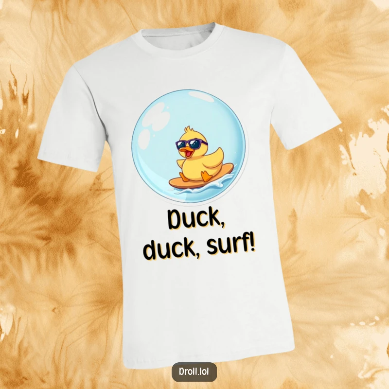 Funny rubber duck wearing sunglasses cruising on a giant bubble, a cool and humorous beach design on a t-shirt.