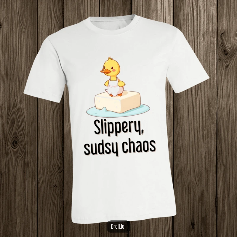 Funny t-shirt showing a duck wearing a small apron tripping dramatically over a giant bar of slippery soap.