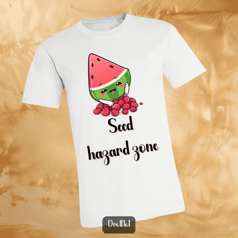 Funny watermelon slice character mid-slip on its seeds, depicted on a t-shirt for a hilarious and summery look.