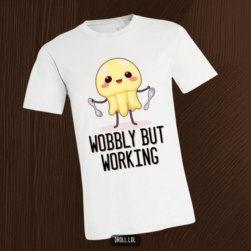 Funny T-Shirt: A vibrant, jiggly jelly attempting to juggle three tiny spoons with a determined, funny expression.