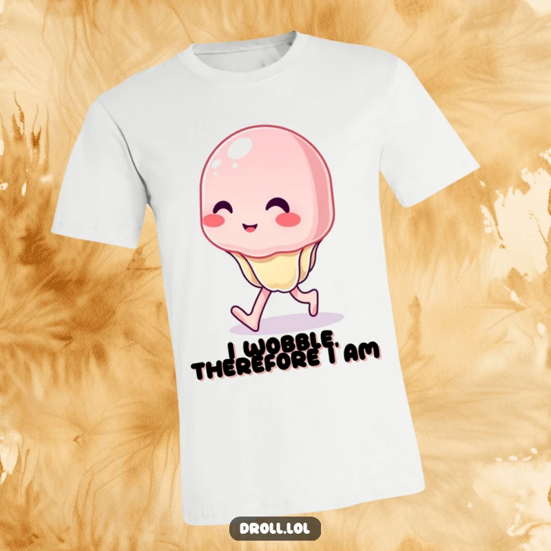 Funny t-shirt showcasing a wobbly jelly character in a hilarious, uncontrolled wiggle-walk, perfect for a funny gift.