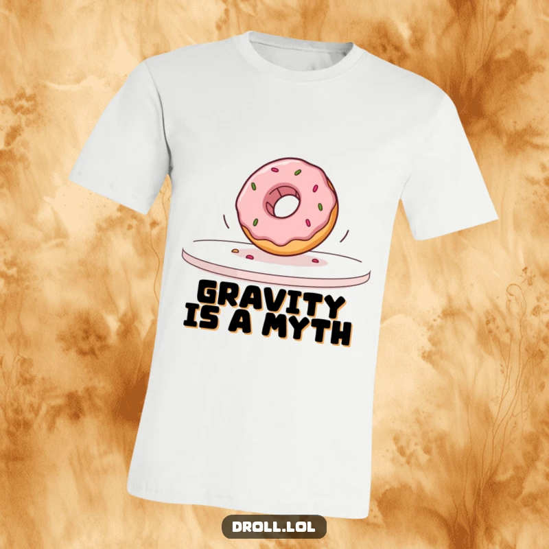 Funny donut in the process of rolling off a table in slow motion, depicted on a comfy t-shirt for humorous wear.