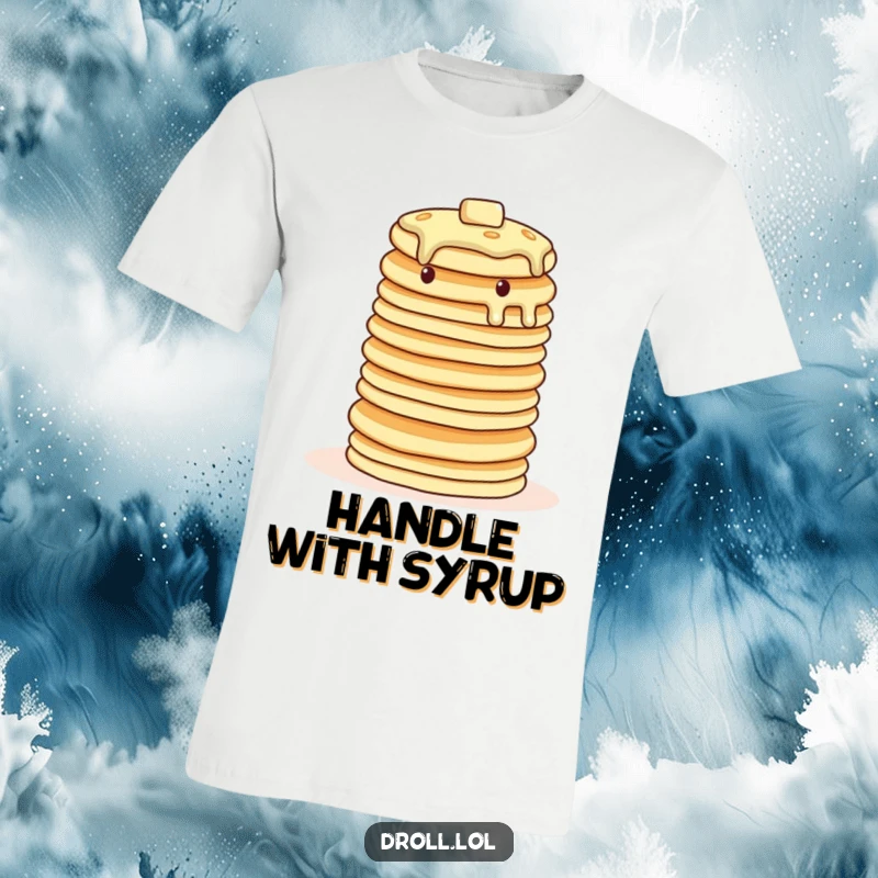 Funny wobbly pancake t-shirt, depicting a tower of pancakes struggling to maintain balance, humorously.