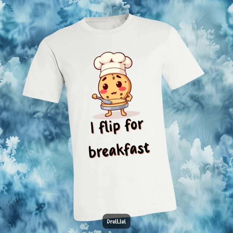 Funny cookie character in a chef hat flipping pancakes mid-air, humorous breakfast t-shirt design.