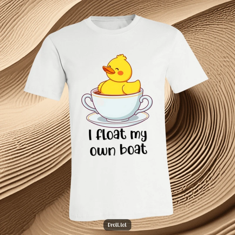 Funny confused rubber duck swimming in a giant teacup, showcasing a humorous and relatable design.
