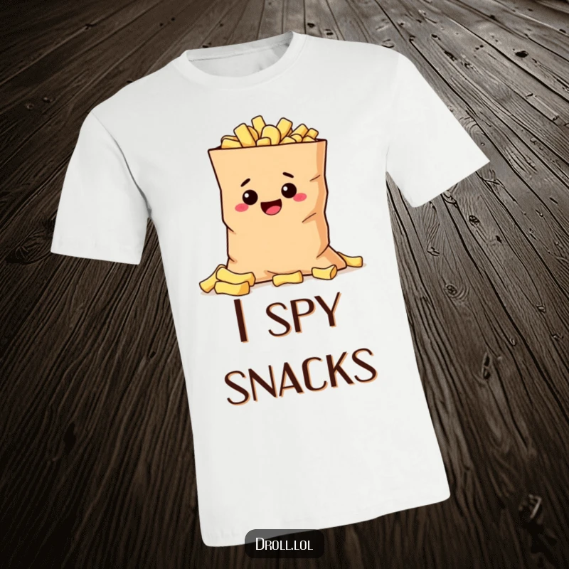 Funny mischievous potato hiding behind a giant bag of chips, printed on a funny and relatable graphic t-shirt.
