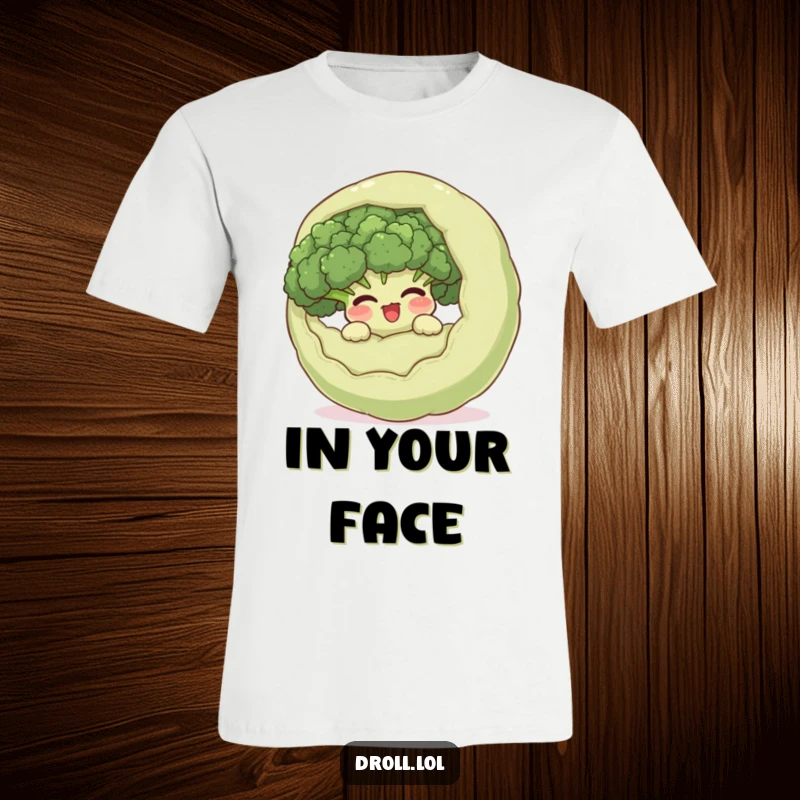 Funny giggling broccoli peeking out from inside a larger, surprised vegetable on a t-shirt, depicting a humorous and stealthy food character.