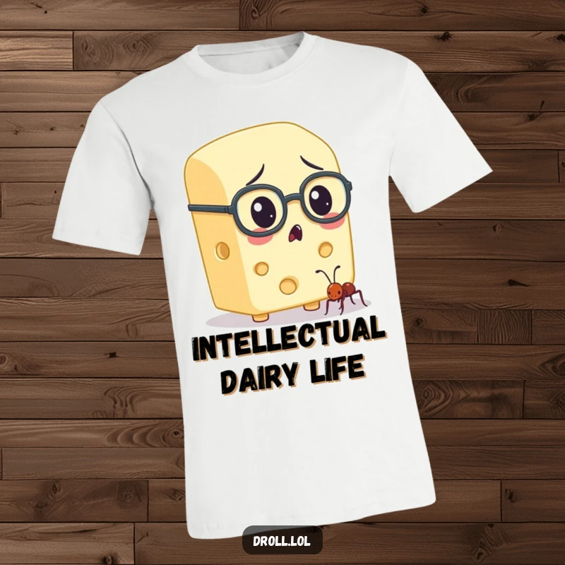 Funny block of cheese wearing tiny spectacles, fascinated by a tiny ant, printed on a t-shirt for a humorous look.
