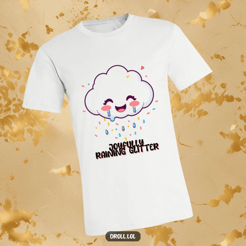 Funny T-shirt with a wide-smiling cloud happily shedding colorful confetti, a symbol of pure joy.