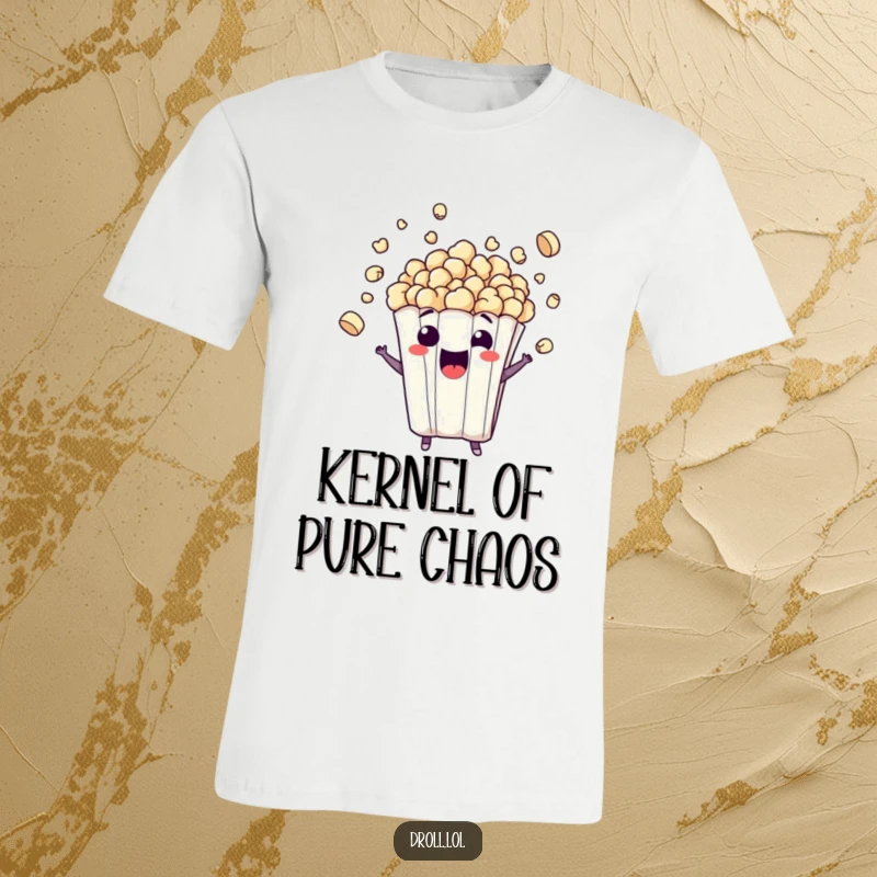 Funny t-shirt showing a mischievous popcorn bag character bursting with excitement, kernels flying everywhere, excellent funny gift.