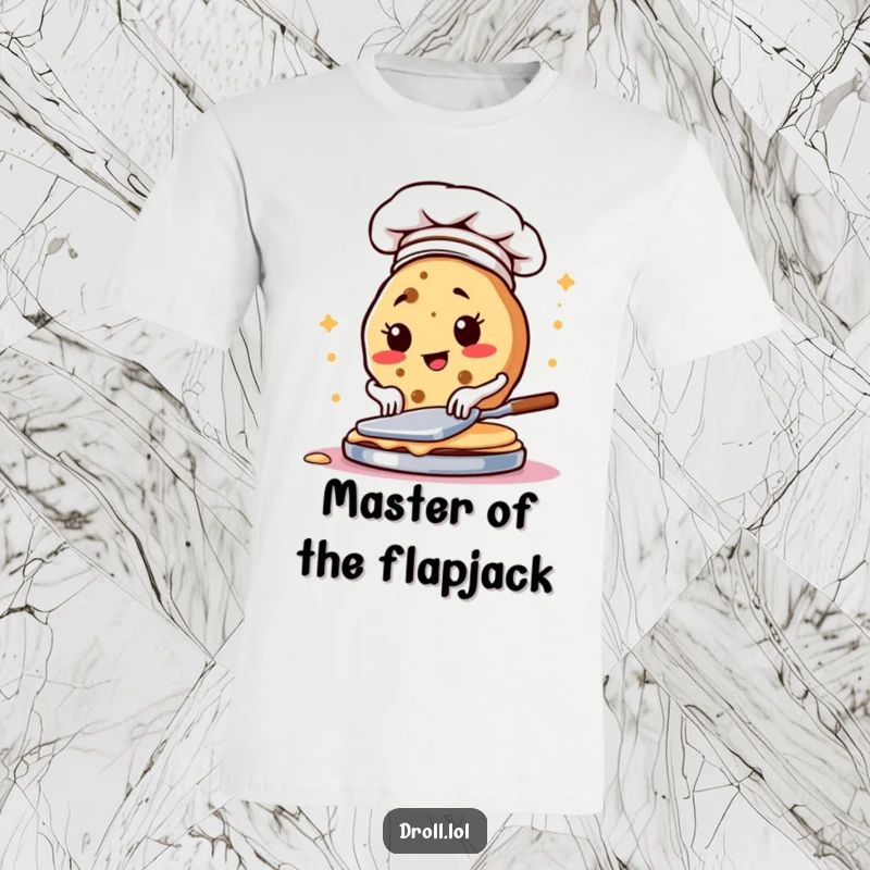 Funny T-shirt with a determined cookie in a chef hat mastering the art of flipping pancakes.