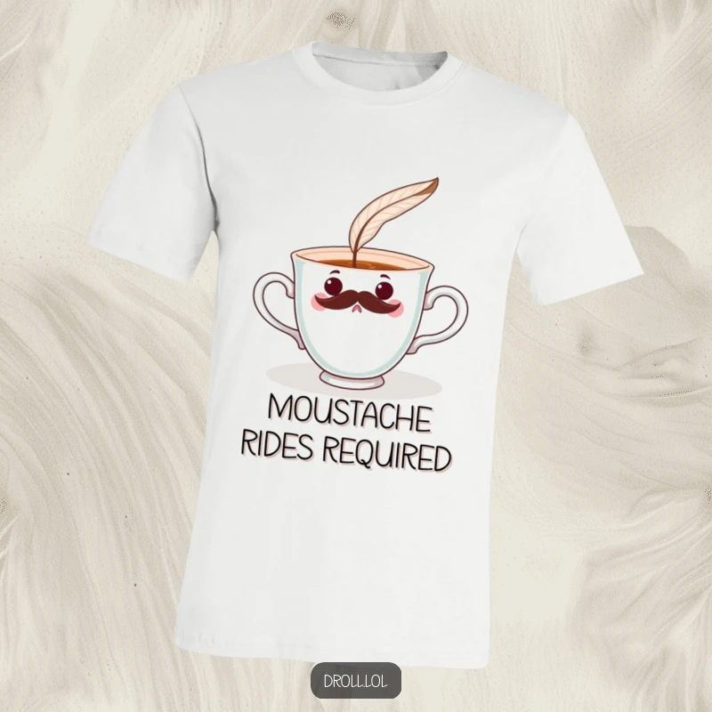 Funny surprised teacup with a mustache being tickled by a feather on a t-shirt. Whimsical and comical.