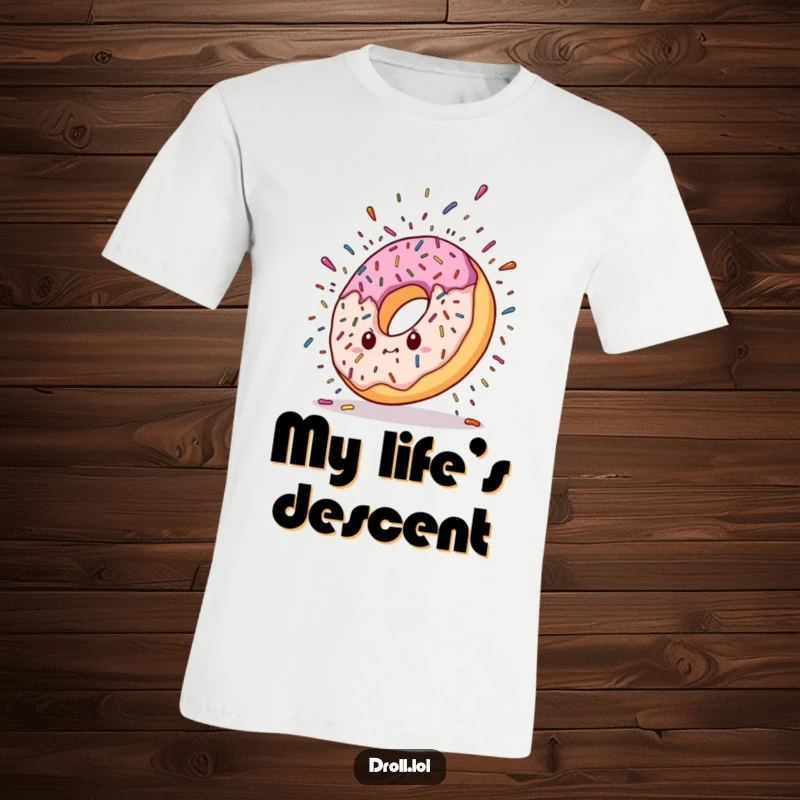 Funny t-shirt with a donut character in a dramatic freefall, surrounded by a colorful explosion of sprinkles. Captures a moment of sweet, messy fun.