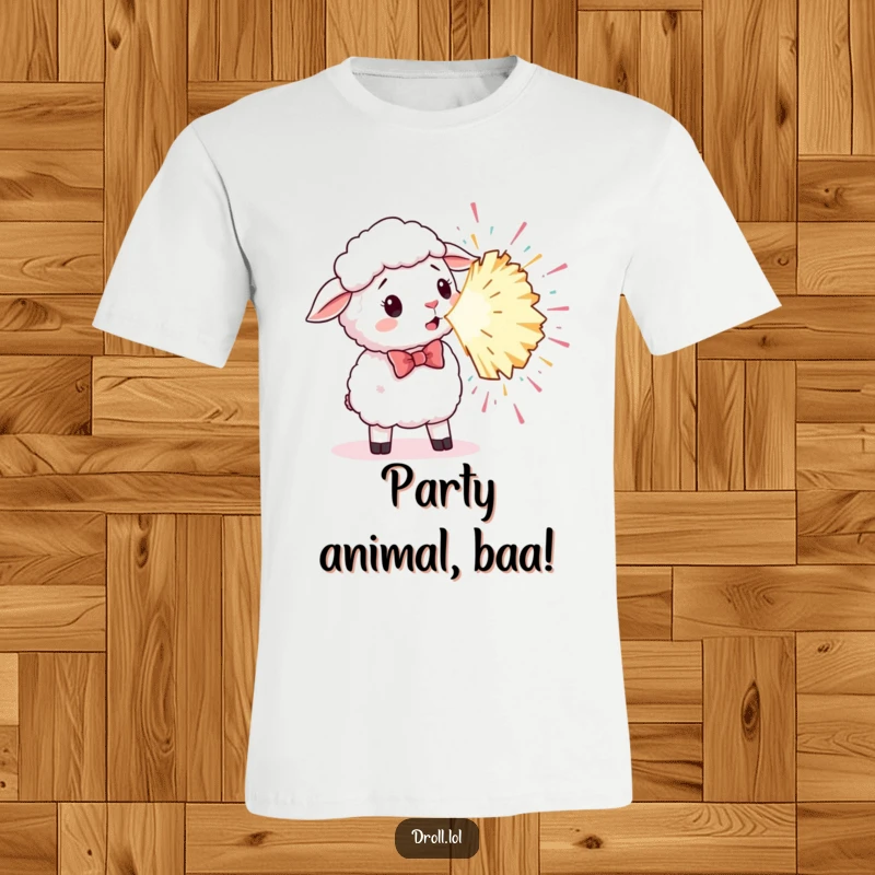 Funny t-shirt depicting a sheep wearing a bowtie with wide eyes as a huge party popper bursts.