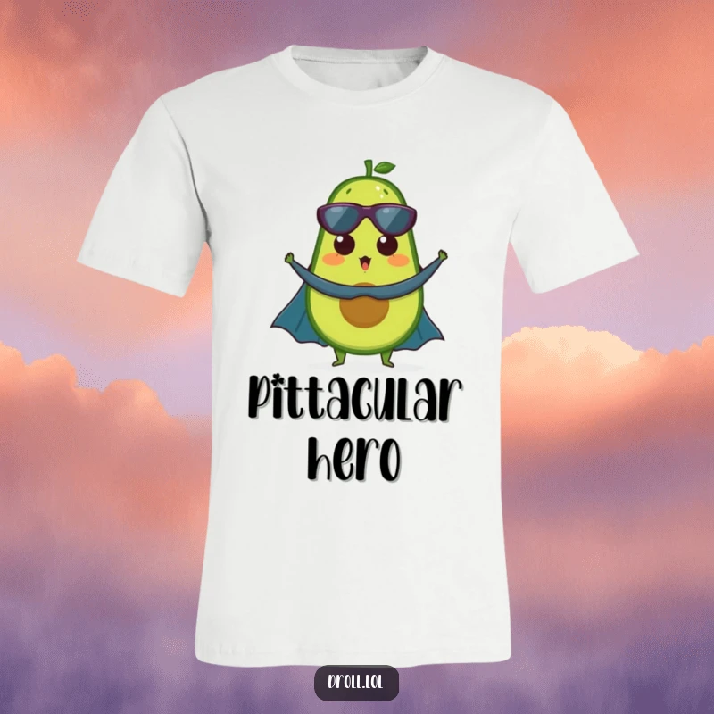 Funny t-shirt: A surprised avocado with a flowing red cape, pretending to be a mighty superhero with a determined look.