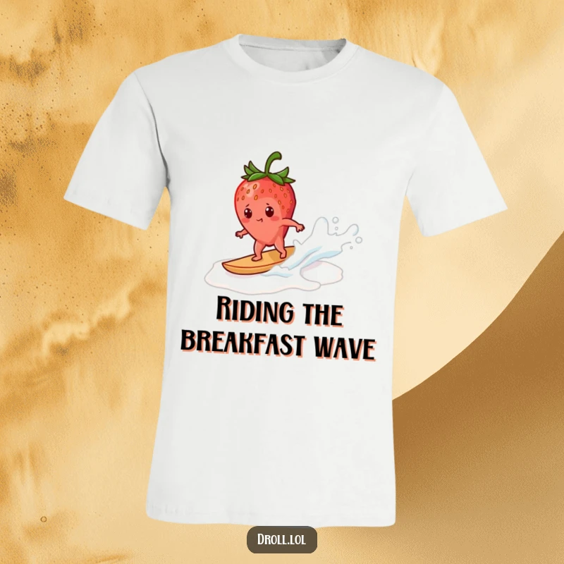 Funny strawberry t-shirt depicting a focused strawberry riding a milk wave, showcasing determination and a playful, adventurous attitude.