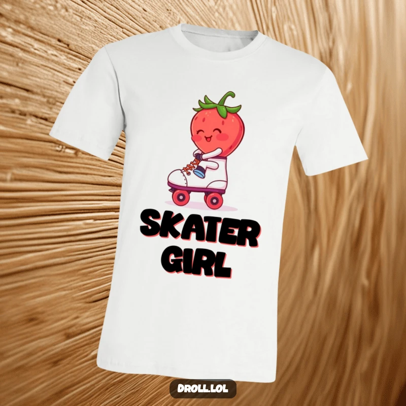 Funny T-Shirt: A shy, blushing strawberry balancing backwards on a retro roller skate. Quirky and humorous apparel.