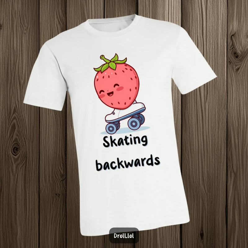 Funny strawberry t-shirt depicting a blushing strawberry riding backwards on a roller skate with a shy smile.