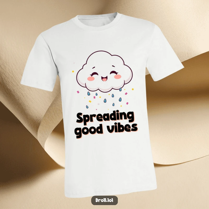 Funny, smiling cloud joyfully crying colorful confetti, a cheerful and humorous t-shirt design.